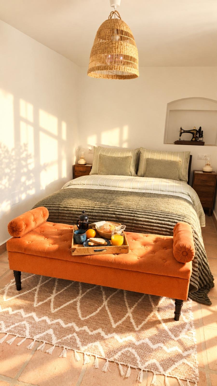 Sunlit double bedroom with green bedding and terracotta floor