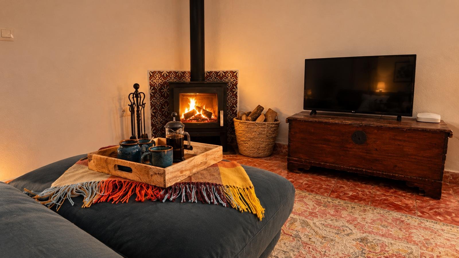 Living room with a glowing log burner and comfortable seating