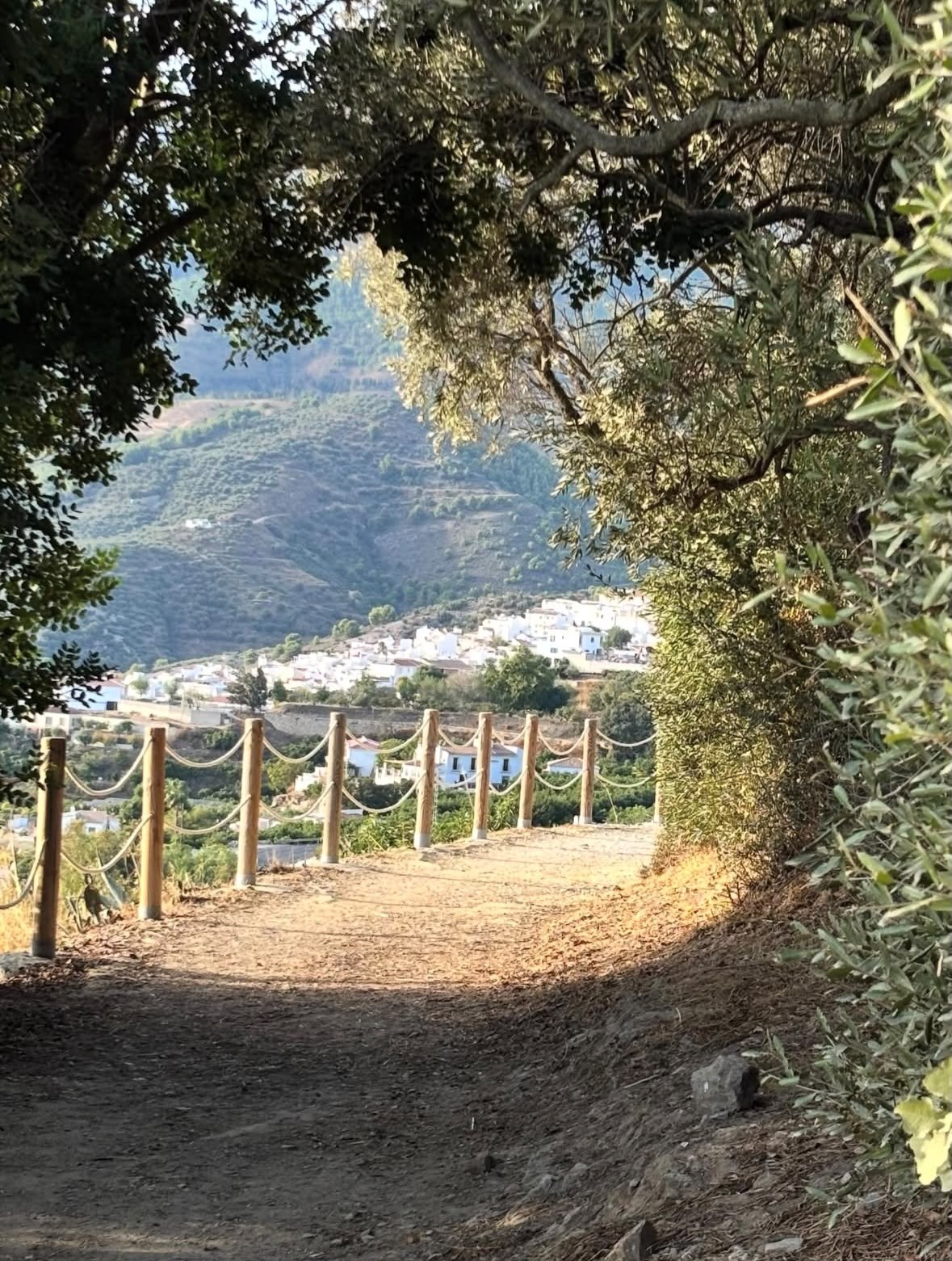 Shaded walking path with a view towards the village